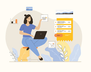 Virtual finance. Online banking. Woman making online shopping, ordering and paying of digital check. Flat vector illustration.