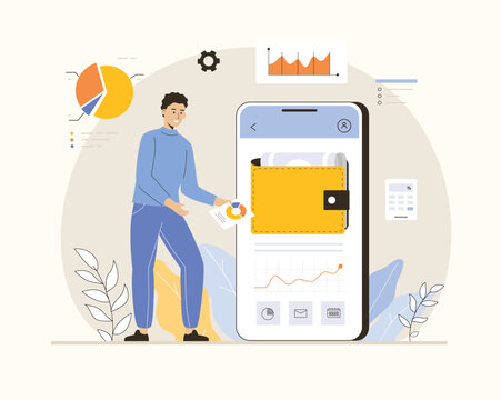Virtual finance. Online banking mobile application. Man pay online, make deposits, accounting. Flat vector illustration.
