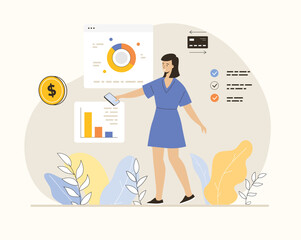 Virtual finance. Data science. Woman making research of statistics and analyzes datum at web pages. Flat vector illustration.