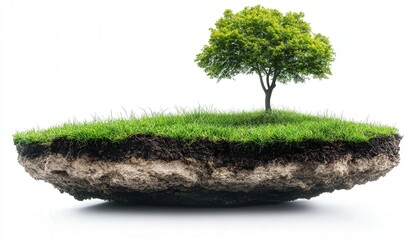 A lone tree on a floating island of earth with grass set against a white background, symbolizing nature and tranquility.