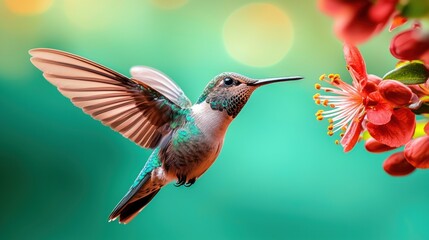 Fototapeta premium Wing Hummingbird hovering mid air with its wings beating rapidly near a flower.