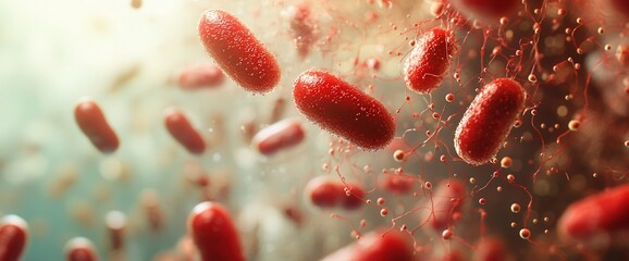 Close-up of red bacteria in a microscopic view with intricate details and soft lighting.