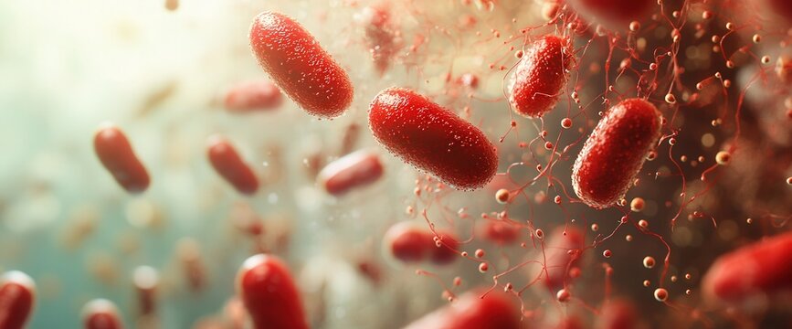 Close-up of red bacteria in a microscopic view with intricate details and soft lighting.