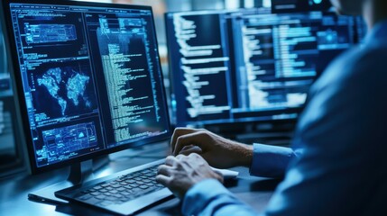 Cybersecurity expert developing secure AI powered authentication systems for digital platforms, office with cybersecurity software and authentication tools, Security Tech style