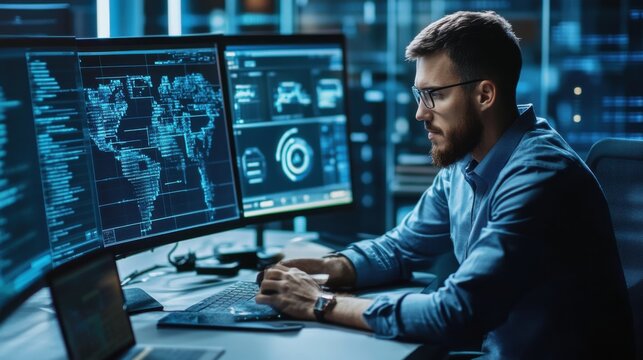 Cybersecurity expert developing secure AI powered authentication systems for digital platforms, office with cybersecurity software and authentication tools, Security Tech style