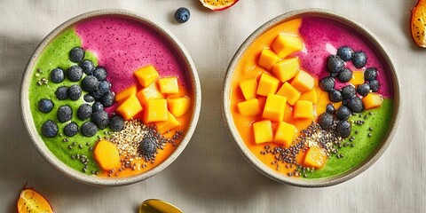 top-down image of two smoothie bowls with contrasting colors. One bowl features a bright orange smoothie base topped with fresh mango cubes, dragon fruit balls, golden sea buckthorn berries, and sprin