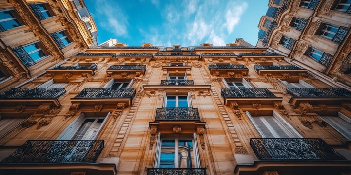 Parisian building showing architectural details and balconies under blue sky - Powered by Adobe