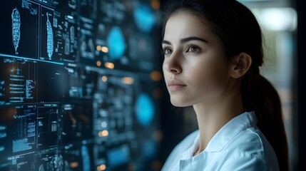 A focused female scientist studies complex data visualizations displayed on a large interactive digital screen in a modern lab.