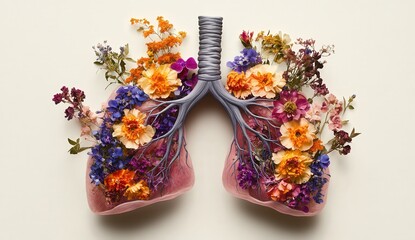 Lungs represented with vibrant flowers, symbolizing the beauty and vitality of breathing and life in vivid colors.