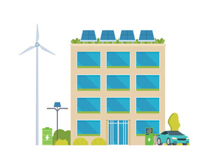 Green Sustainable Office Building with Solar Panels and Wind Turbines, Eco-Friendly Concept City Element. Vector illustration