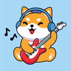Happy Shiba Inu Playing Guitar With Headphones.