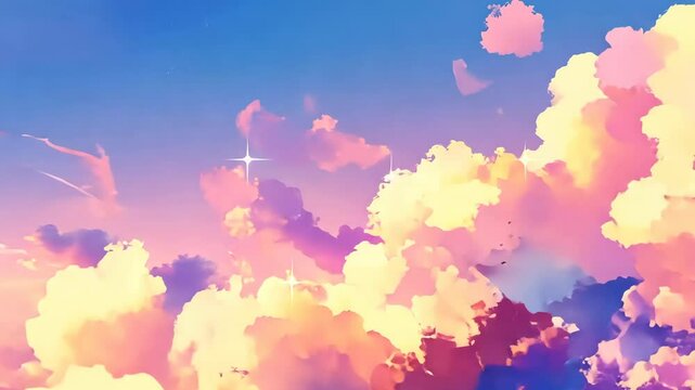 Calm and dreamy comic-style background in soft pastel tones, featuring gentle clouds and light bubbles, perfect for tranquil and whimsical designs.