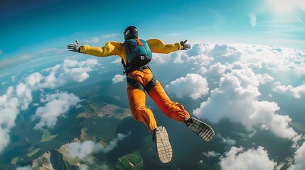 A Skydiver Free-Falling Over a Stunning Landscape