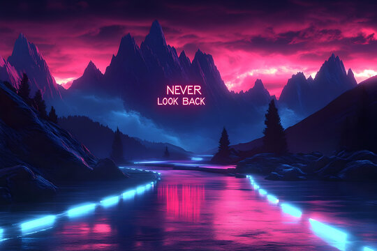 Mountain river neon landscape - Powered by Adobe