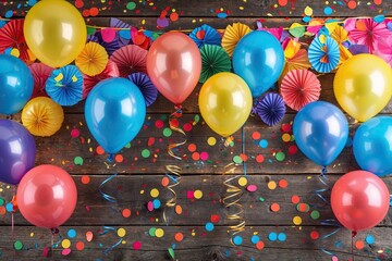 Vibrant Celebration Decor with Colorful Balloons Streamers and Fun Confetti on Rustic Wood Background