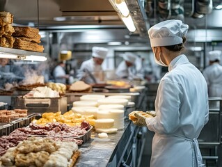 A female chef meticulously prepares food in a busy commercial kitchen surrounded by her team and various ingredients.