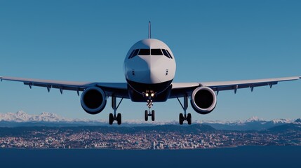 A commercial airplane flying over a scenic cityscape, showcasing modern aviation against a clear blue sky.