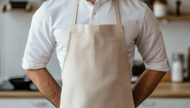 Male chef in a kitchen wearing a beige apron, exuding confidence and professionalism.