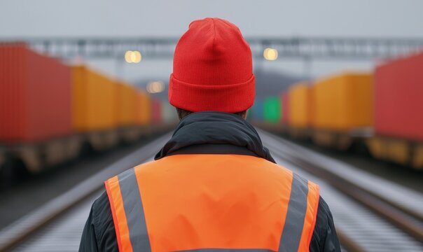 A railway worker in a safety vest and red hat oversees the train yard, ensuring smooth operations amidst colorful cargo containers.