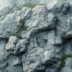Rugged rock face with patches of green moss, showcasing natural textures and weathering.