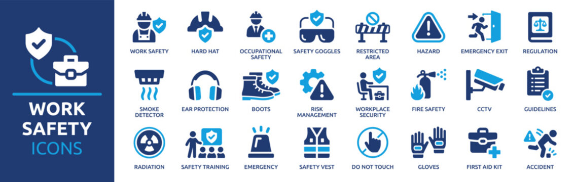 Work safety icon set. Containing hard hat, risk management, first aid kit, ear protection, workplace security, CCTV, regulation, safety training, hazard and more. Solid vector icons collection.