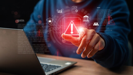 Security icon and notification of document system hacked. Hands typing on a keyboard with a red cybersecurity threat alert, surrounded by digital files and documents.