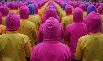 Colorful gathering of individuals wearing distinct hooded garments, showcasing unity and diversity in a vibrant atmosphere.