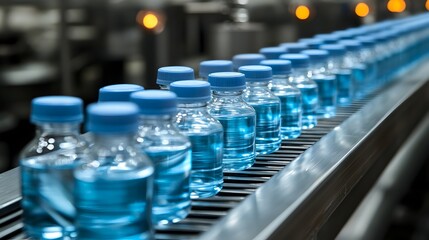 Obraz premium A long line of small blue liquid filled bottles moves along a modern factory conveyor belt du mass production.