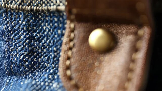 Eco friendly fashion shines in this close up of denim fabric, highlighting intricate textures and stylish leather details for sustainable living.