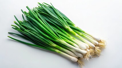 A vibrant bunch of fresh scallions, showcasing their bright green stalks and white bulbous roots, arranged on a pristine white background, ready for culinary use