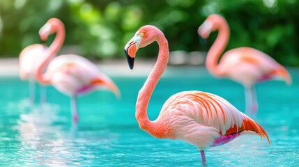 Fototapeta premium Zoo Group of flamingos standing in a shallow pond at a zoo.
