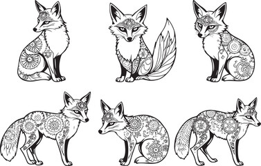 A set of foxes. Hand drawn vector illustration	