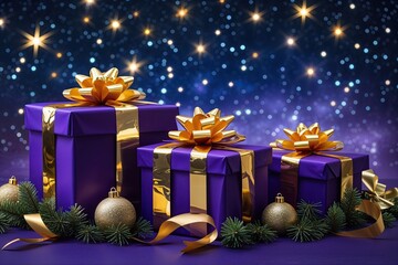 Lavish Purple Gift Boxes with Gold Foil Ribbons Under a Starry Night Sky