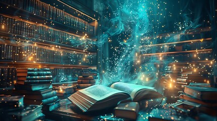 Enchanted Library with Floating Books and Glowing Atmosphere