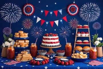 Obraz premium Patriotic Blue Fourth of July Celebration Backdrop with Stars, Stripes, Fireworks, and BBQ Treats