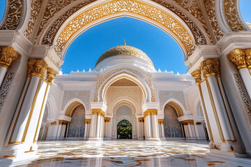 Fototapeta premium Grand architectural structure featuring intricate details and a shining dome. Bright sunlight illuminates interior adorned with stunning patterns
