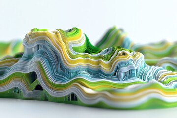 Stratified terrain with wavy layers in green, yellow, and blue hues. Textured surface with organic appearance