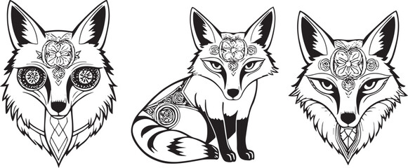 A set of foxes. Hand drawn vector illustration	