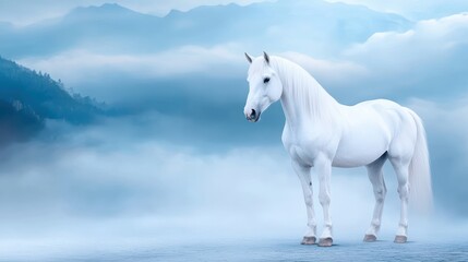 Horse White horse standing majestically on a foggy mountain path.