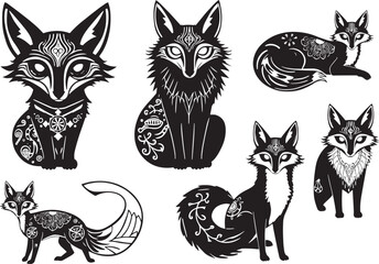 A set of foxes. Hand drawn vector illustration	