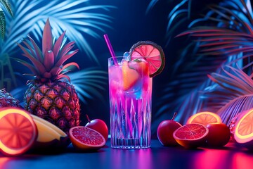Pink cocktail glass glowing under neon light, garnished with pineapple, oranges, apples, tropical leaves, evoking summer refreshment