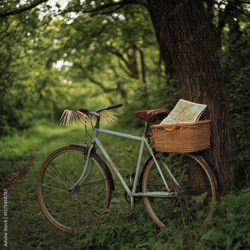 Poster a serene forest escape with a vintage bicycle resting against a tree, inviting exploration and a pea