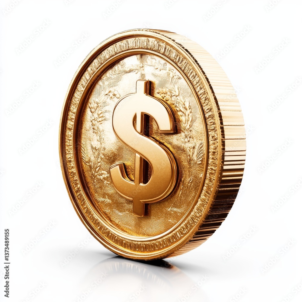 Poster close-up of a gleaming gold dollar coin with intricate detailing on a clean white background, highli