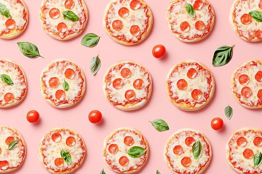 Small pizzas garnished with basil leaves and cherry tomatoes form a delightful pattern on a vibrant pink backdrop