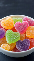 Exquisite heart-shaped jelly candies in various colors, arranged in an elegant wooden bowl. The background is softly blurred with greenery and natural lighting