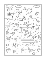 Watering can dot-to-dot activity sheet and coloring page with young sprouts, birds, moth, butterflies

