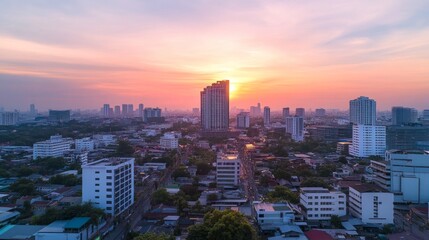 Obraz premium Stunning sunset over urban landscape cityscape photography vibrant environment aerial view nature's beauty amidst concrete jungle