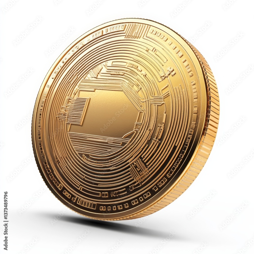 Poster Detailed Close-Up of a Shiny Gold Coin with Intricate Circular Design, Isolated on a White Background