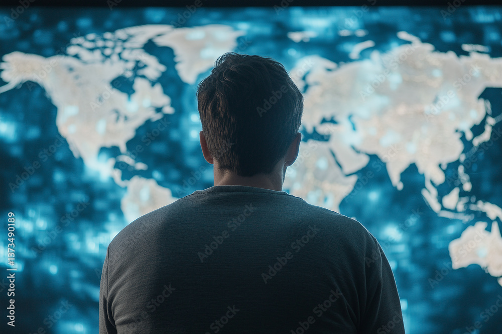 Aufkleber man observing glowing digital world map on large screen, symbolizing cybersecurity and global connec