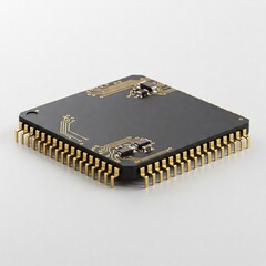 gold pinned black microchip on white background  close up 3d rendering.